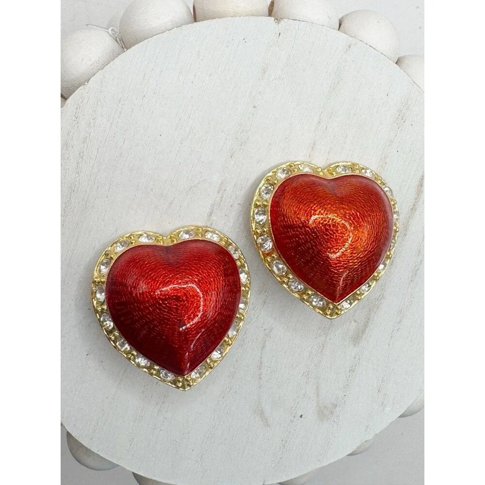 Vintage Victoria's Secret Red Enamel Puff Heart Clip on Earrings Rhinestone